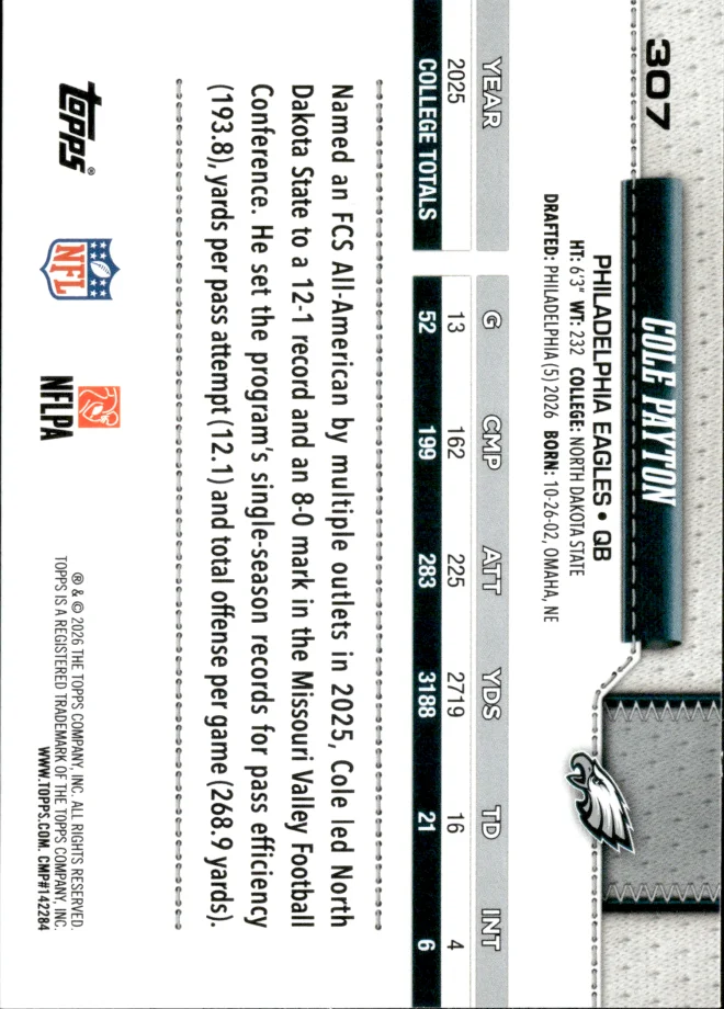 Cole Payton card back