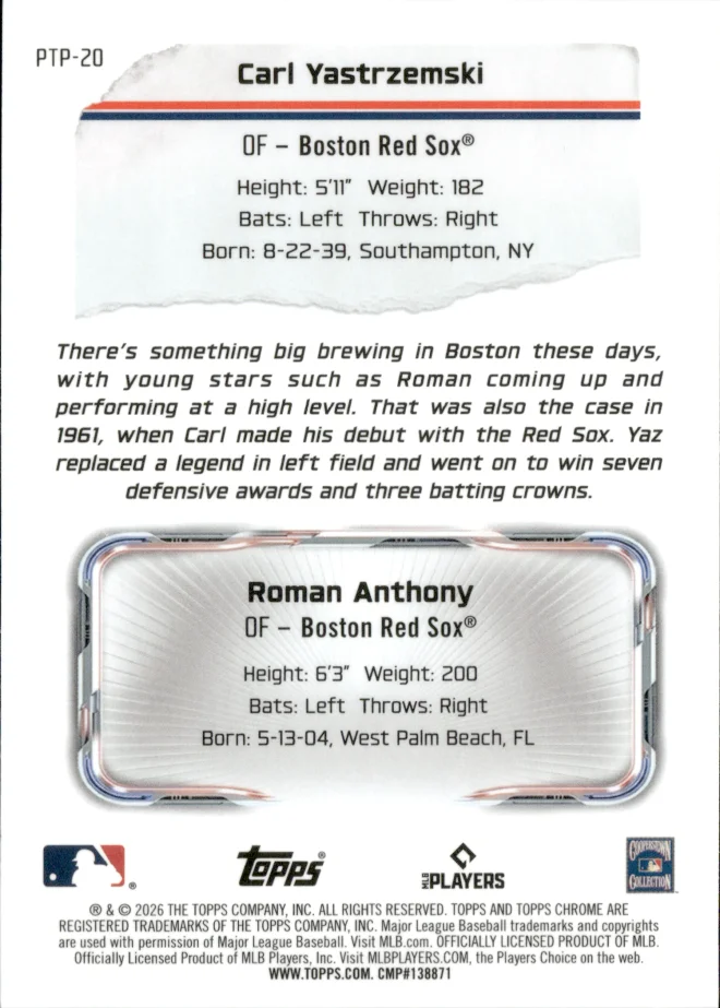 Carl Yastrzemski / Roman Anthony card back