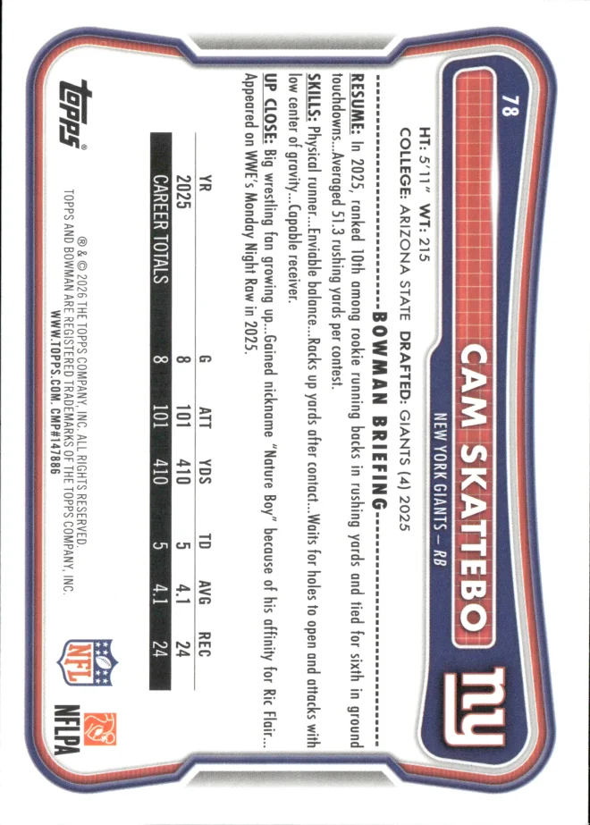 Cam Skattebo card back