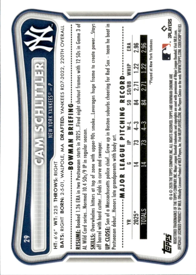 Cam Schlittler card back