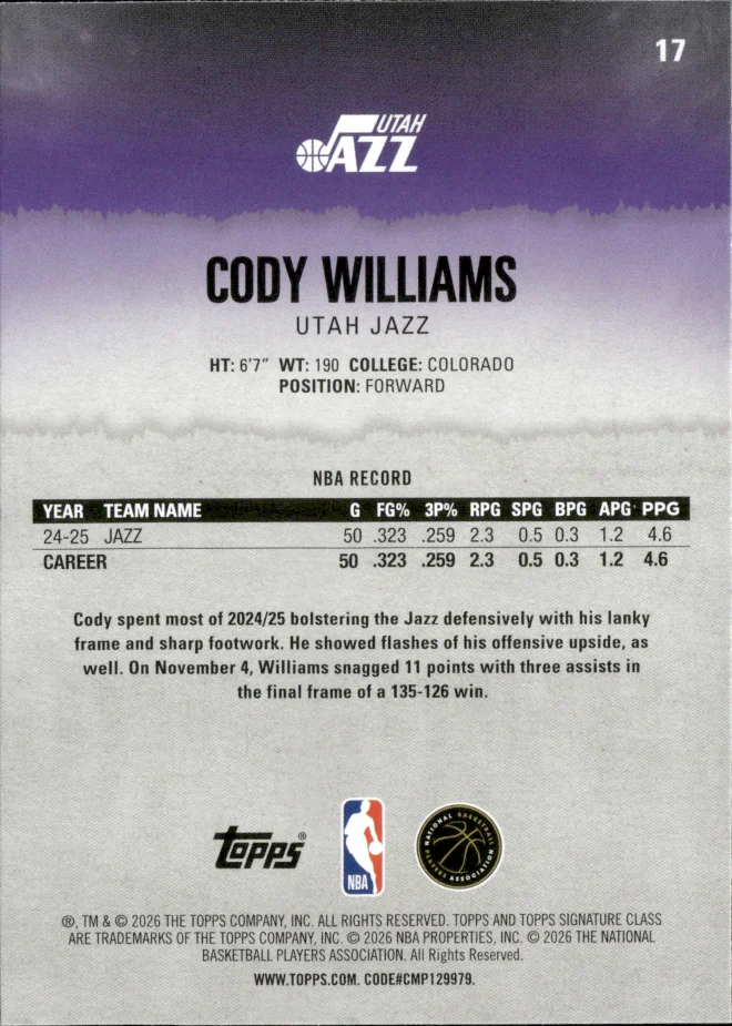 Cody Williams card back