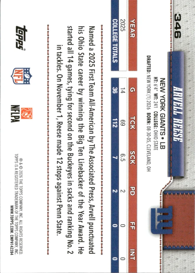 Arvell Reese card back