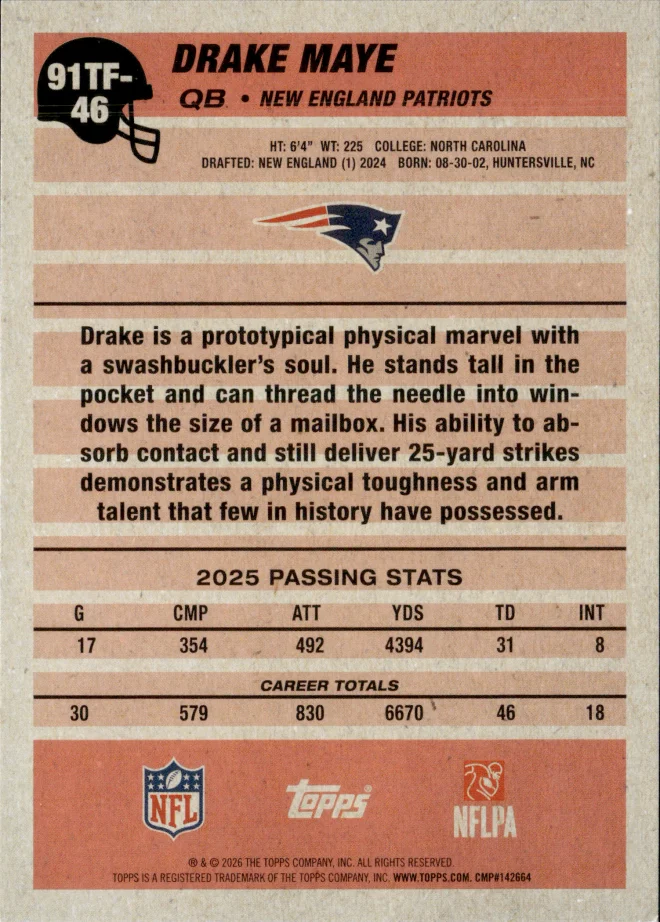Drake Maye card back