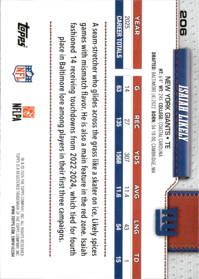 Isaiah Likely card back