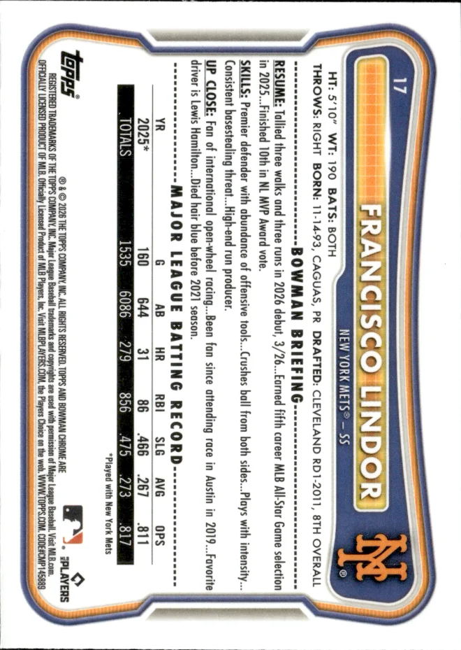 Francisco Lindor card back
