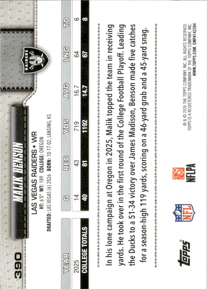 Malik Benson card back