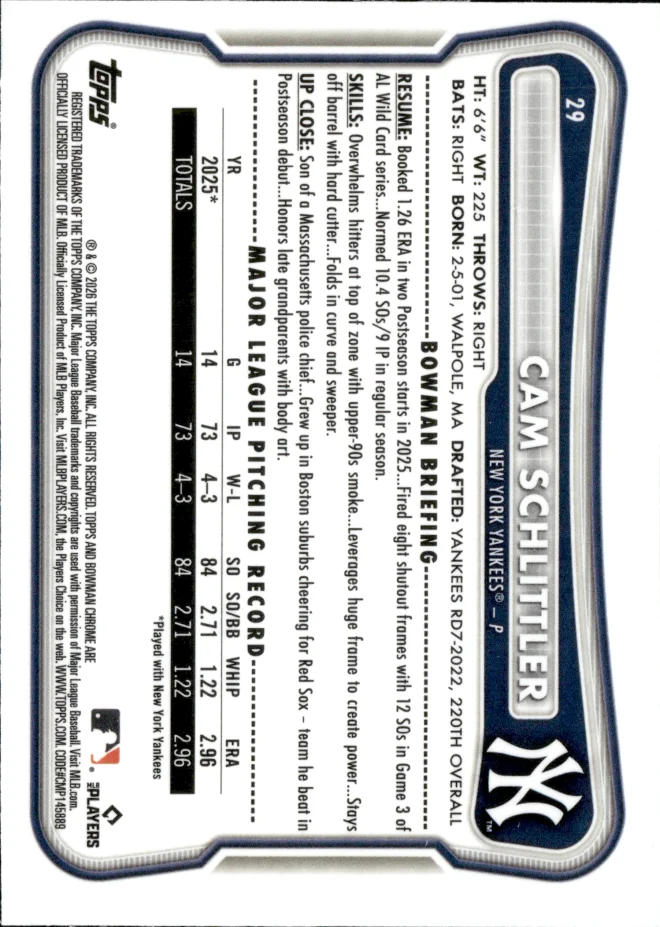 Cam Schlittler card back