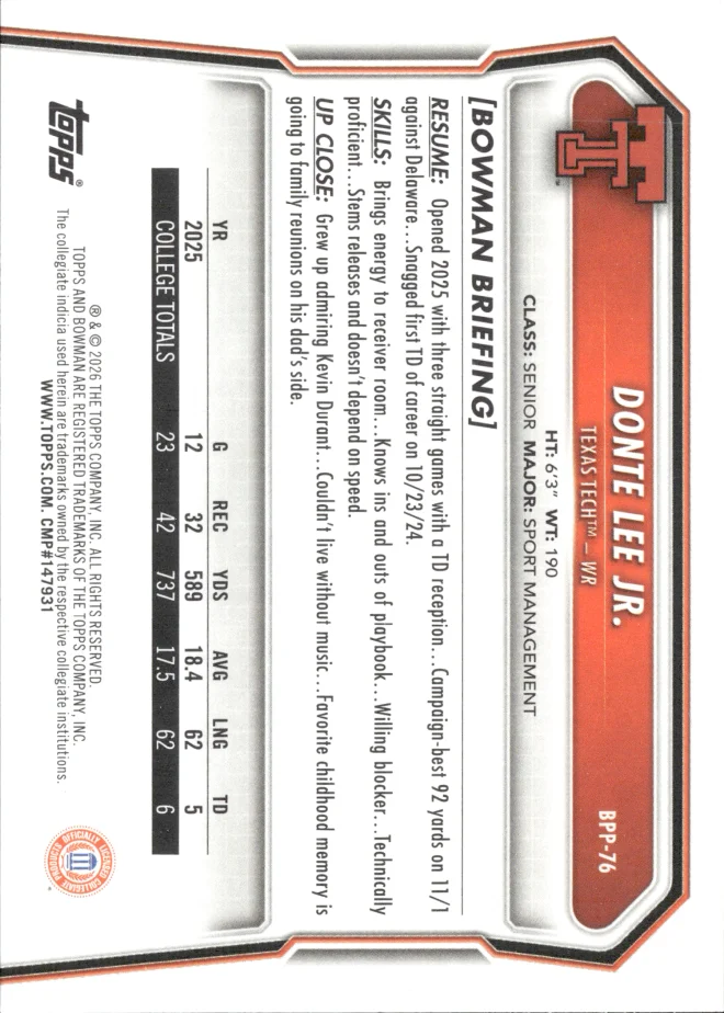 Donte Lee Jr. card back