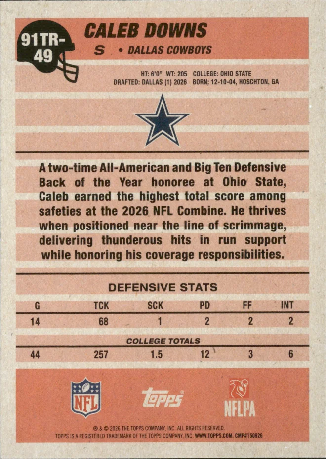 Caleb Downs card back