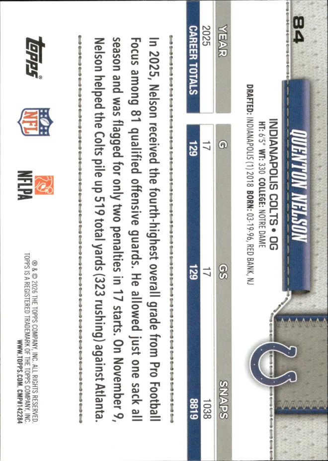 Quenton Nelson card back