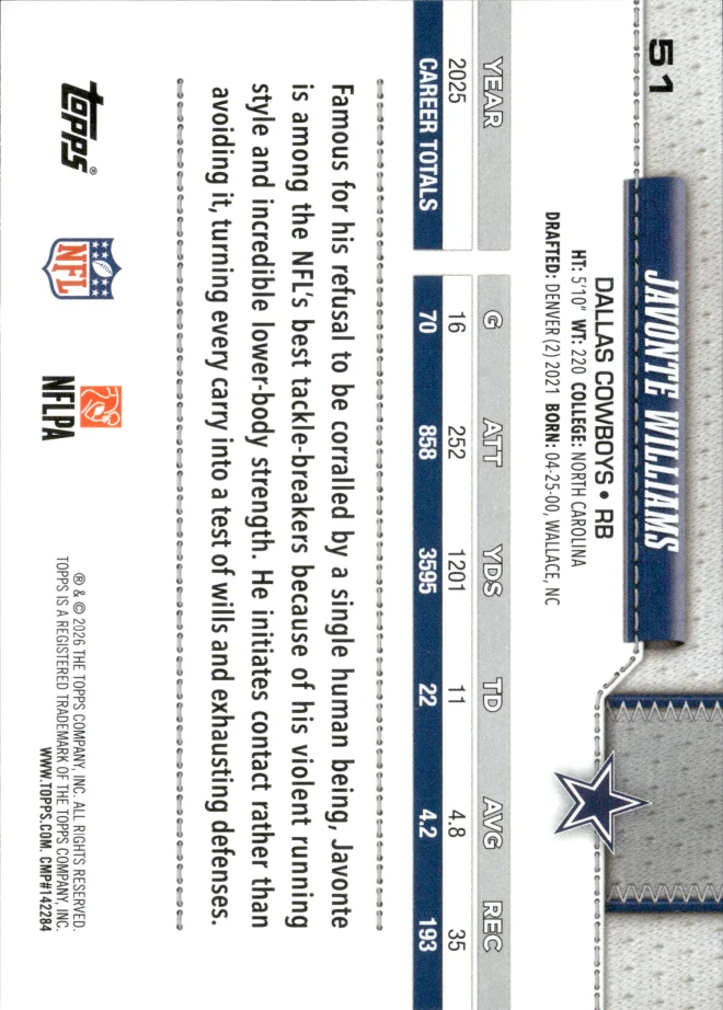 Javonte Williams card back