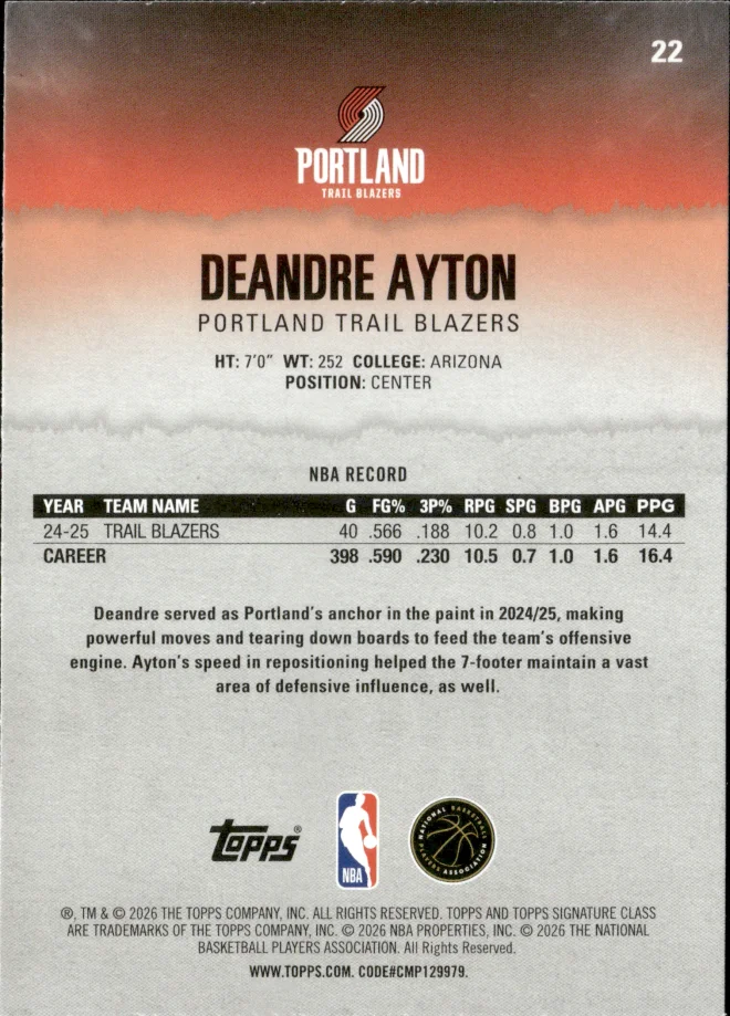 Deandre Ayton card back