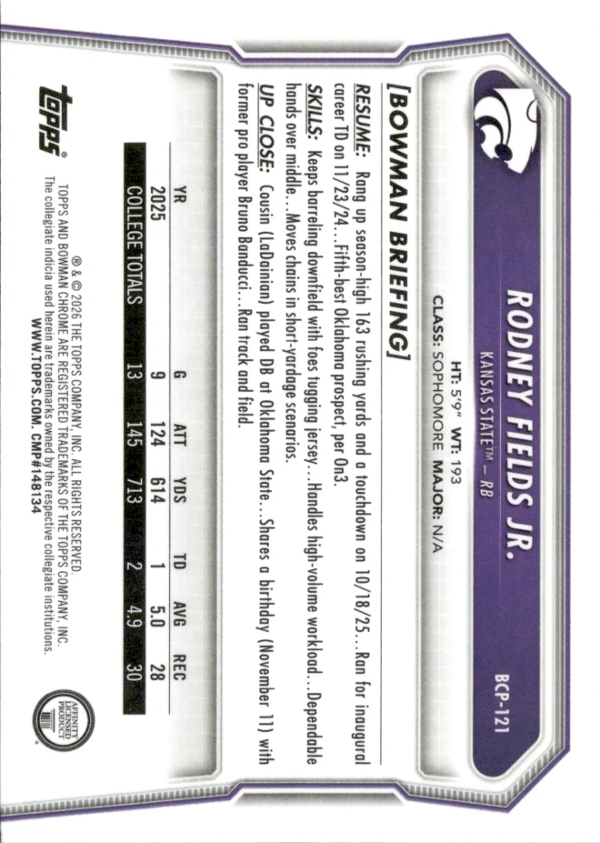 Rodney Fields Jr. card back