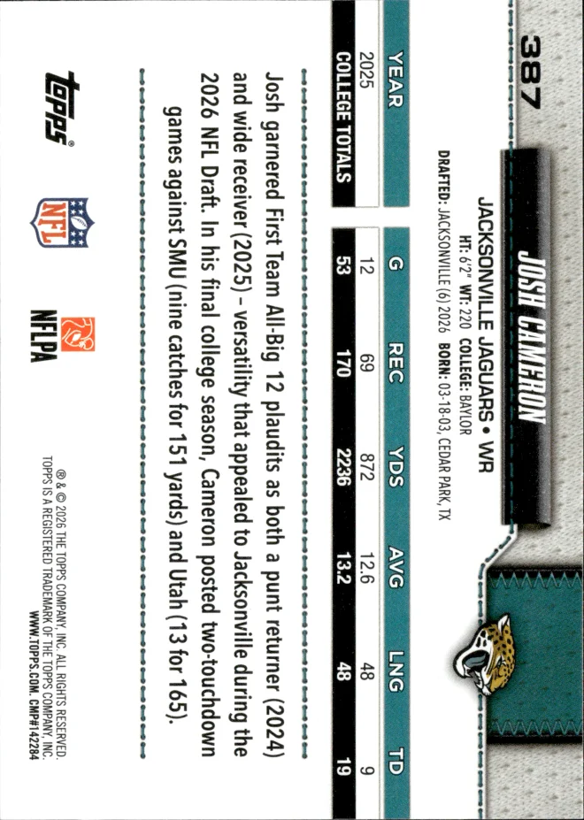 Josh Cameron card back
