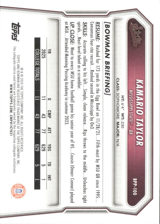 Kamario Taylor card back