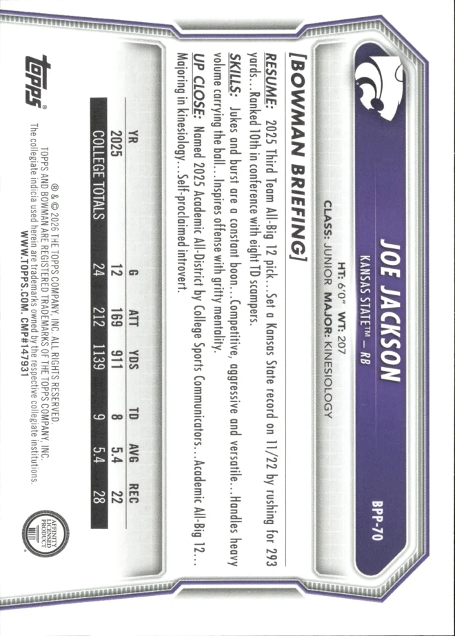 Joe Jackson card back