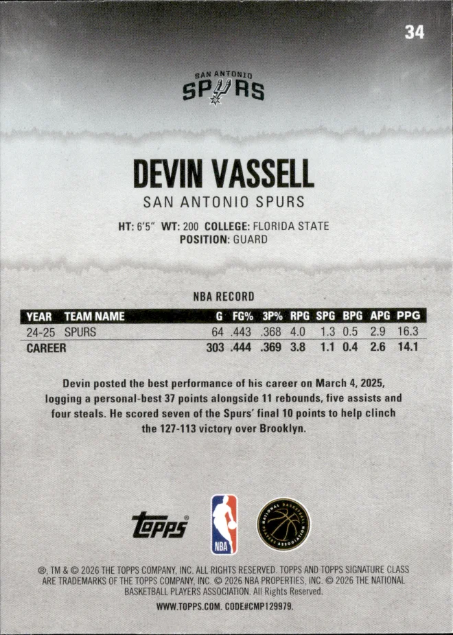 Devin Vassell card back