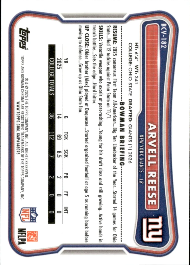 Arvell Reese card back