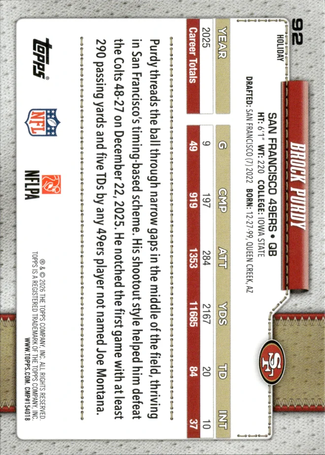 Brock Purdy card back