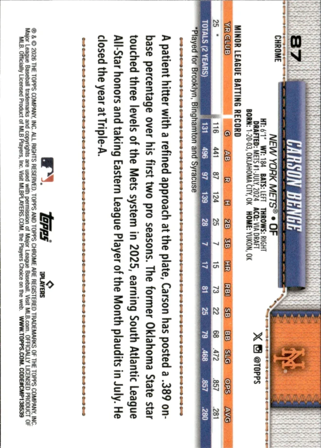 Carson Benge card back