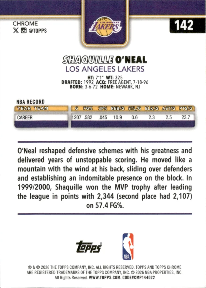 Shaquille O'Neal card back