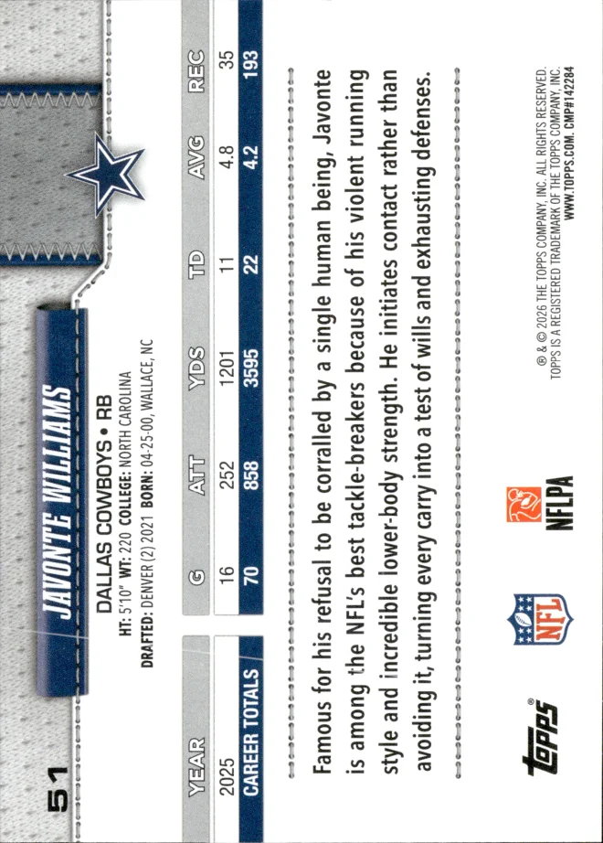 Javonte Williams card back