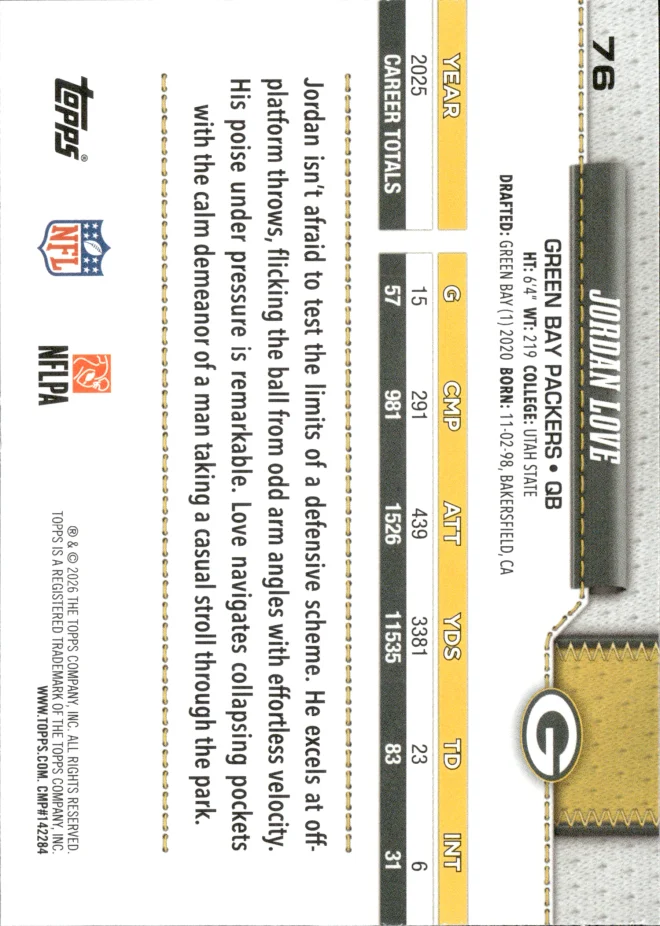 Jordan Love card back