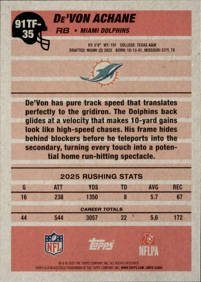 De'Von Achane card back
