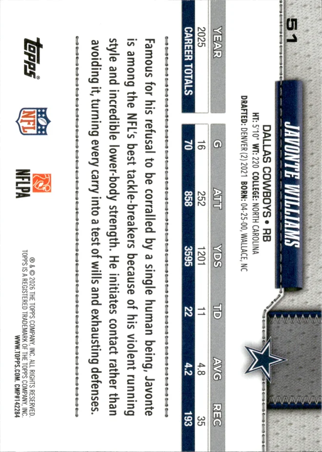 Javonte Williams card back