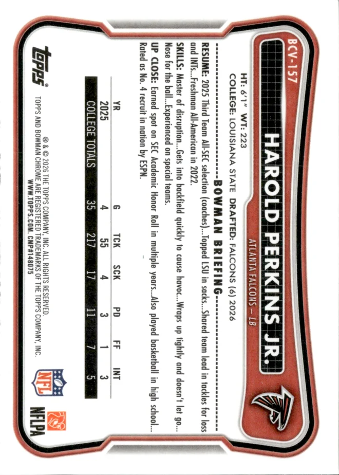 Harold Perkins Jr. card back