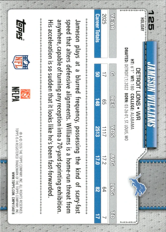 Jameson Williams card back