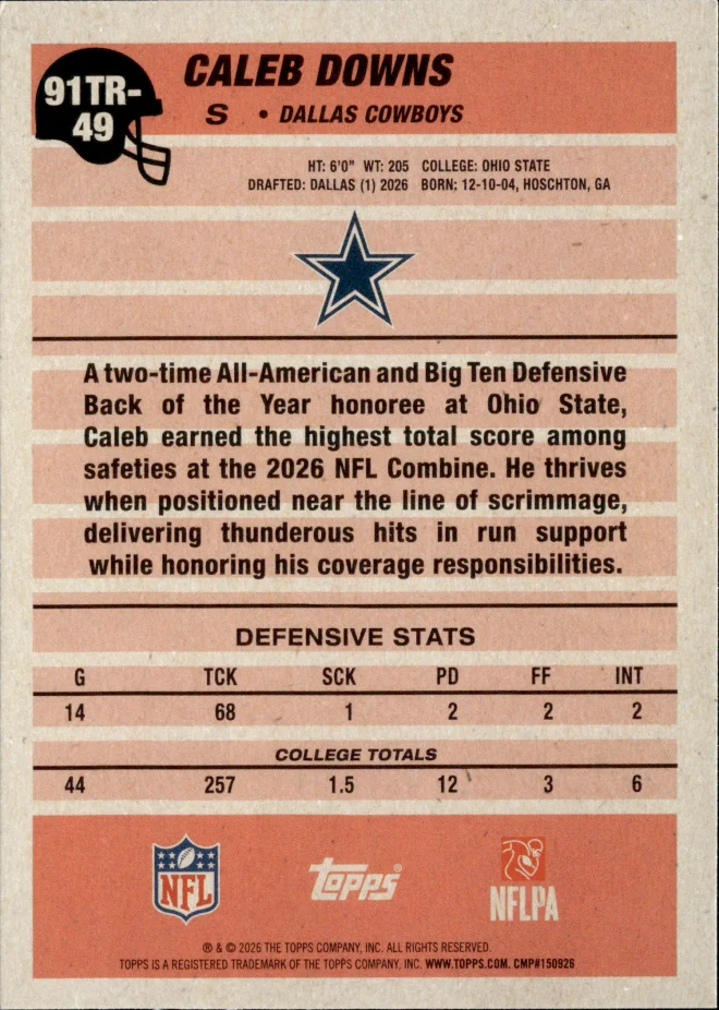 Caleb Downs card back