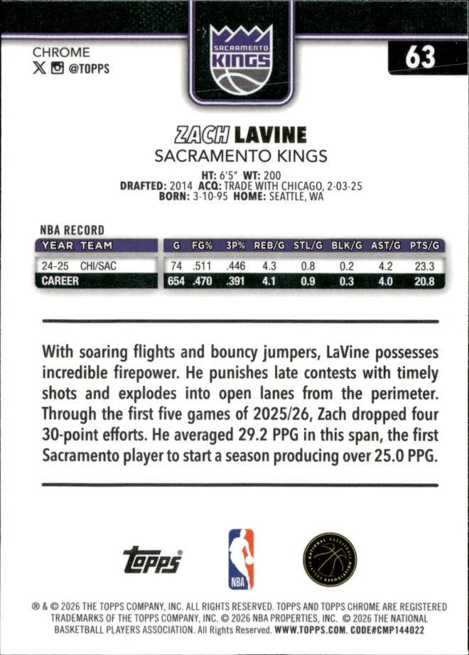 Zach LaVine card back
