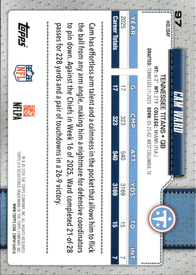 Cam Ward card back