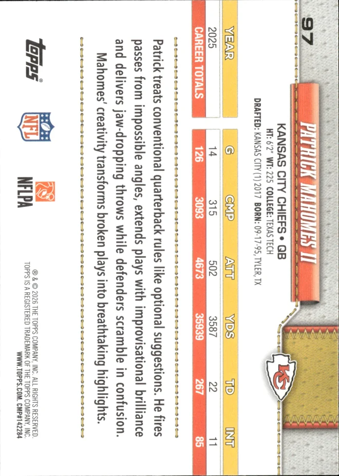 Patrick Mahomes II card back