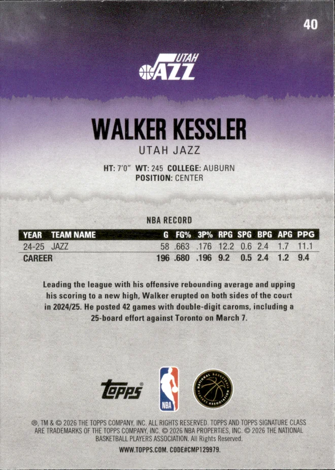 Walker Kessler card back