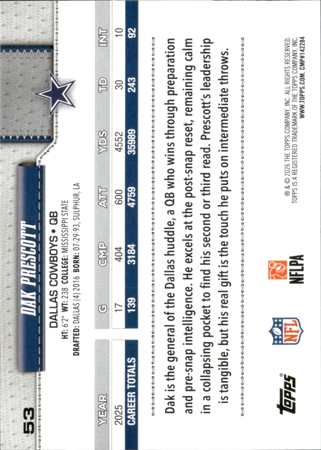 Dak Prescott card back