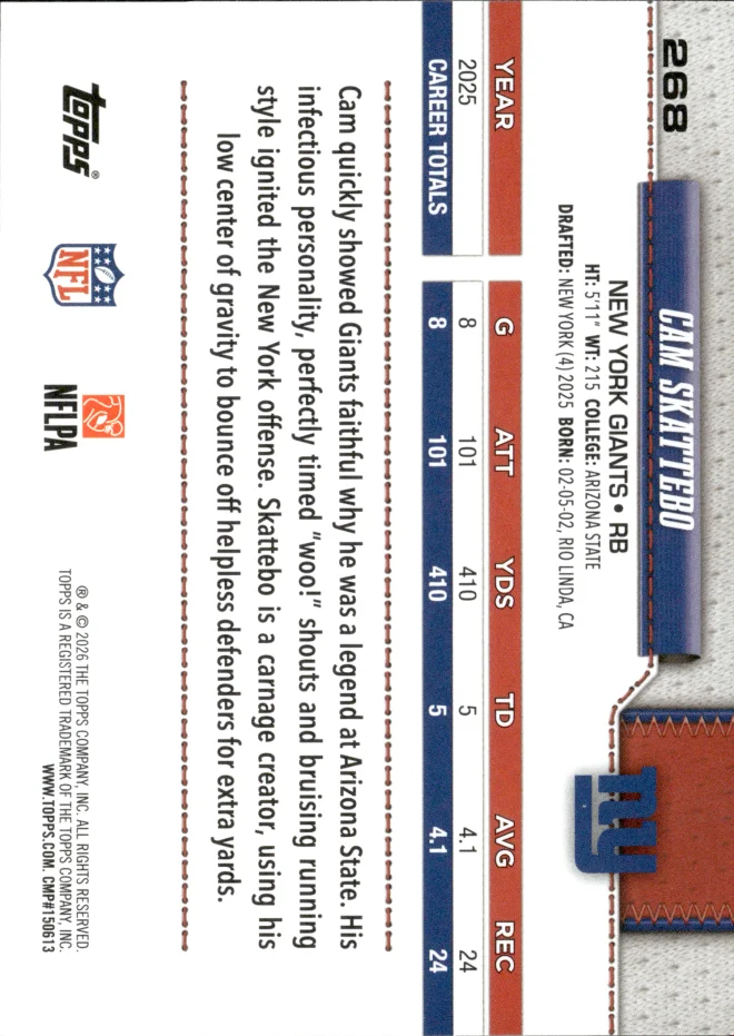 Cam Skattebo card back