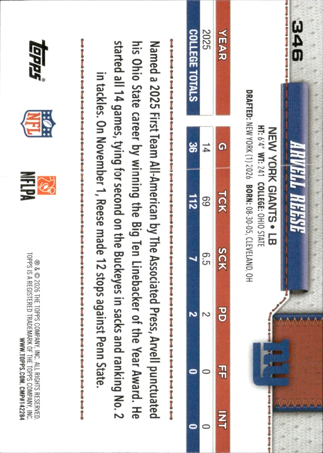 Arvell Reese card back