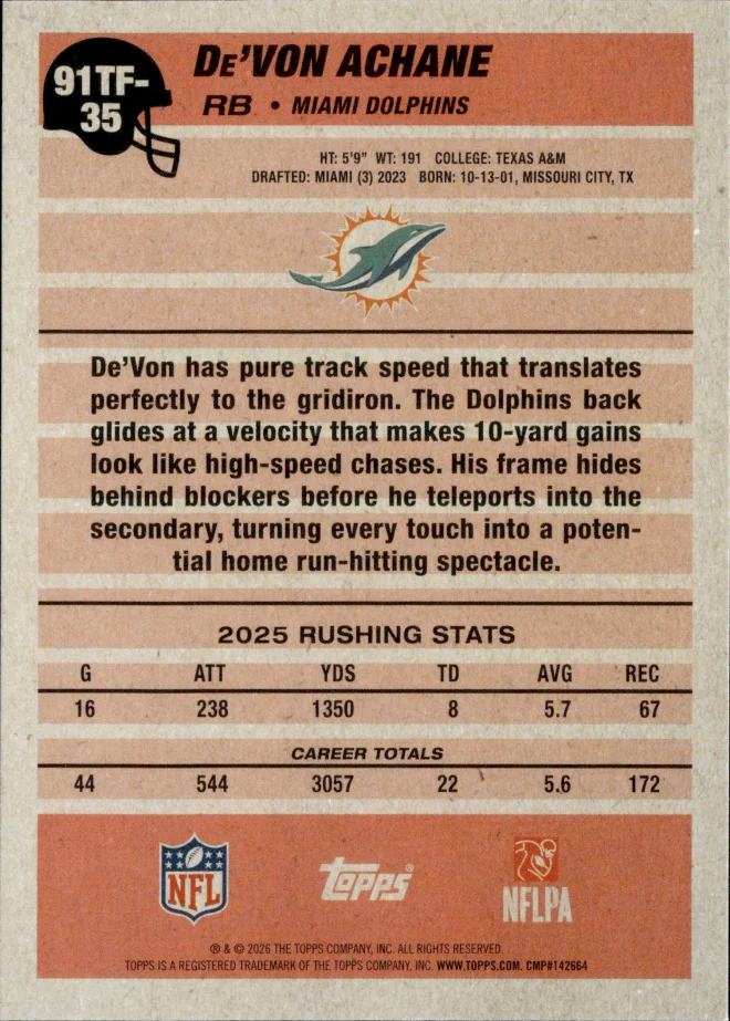 De'Von Achane card back
