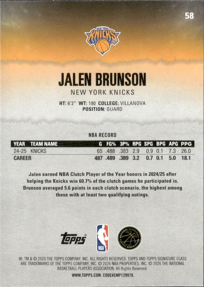 Jalen Brunson card back