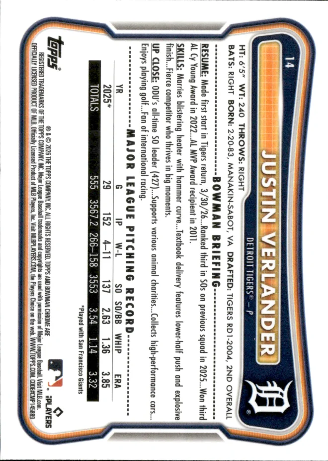 Justin Verlander card back