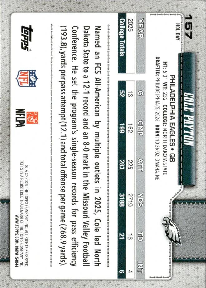 Cole Payton card back