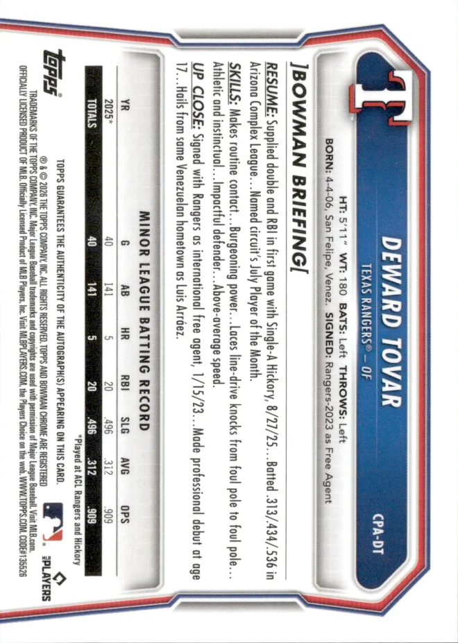 Deward Tovar card back