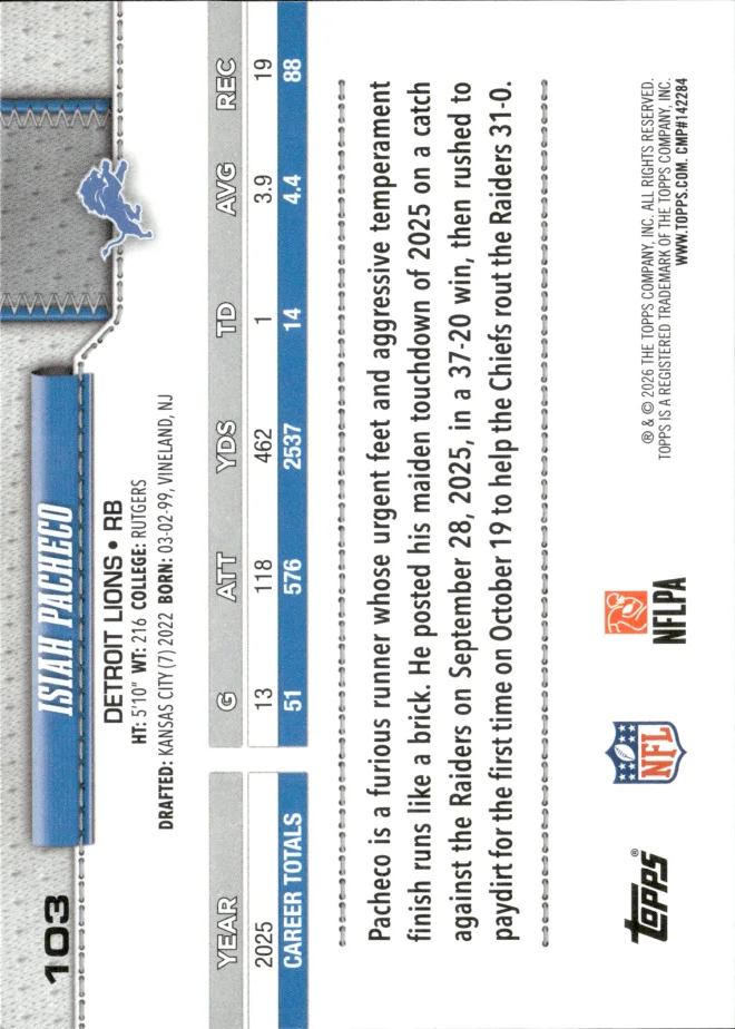 Isiah Pacheco card back
