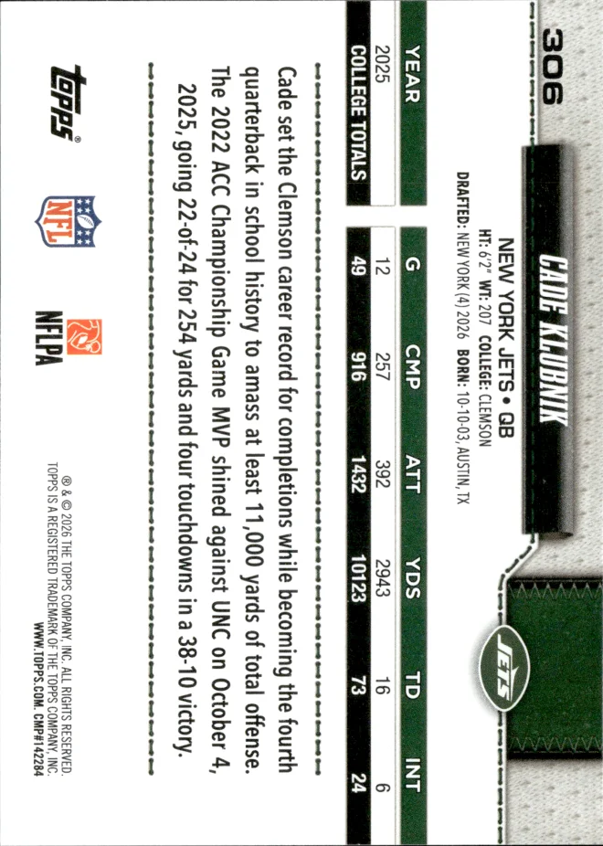 Cade Klubnik card back