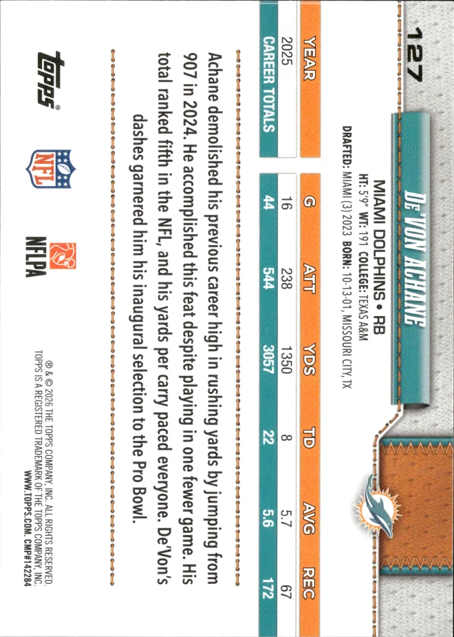 De'Von Achane card back