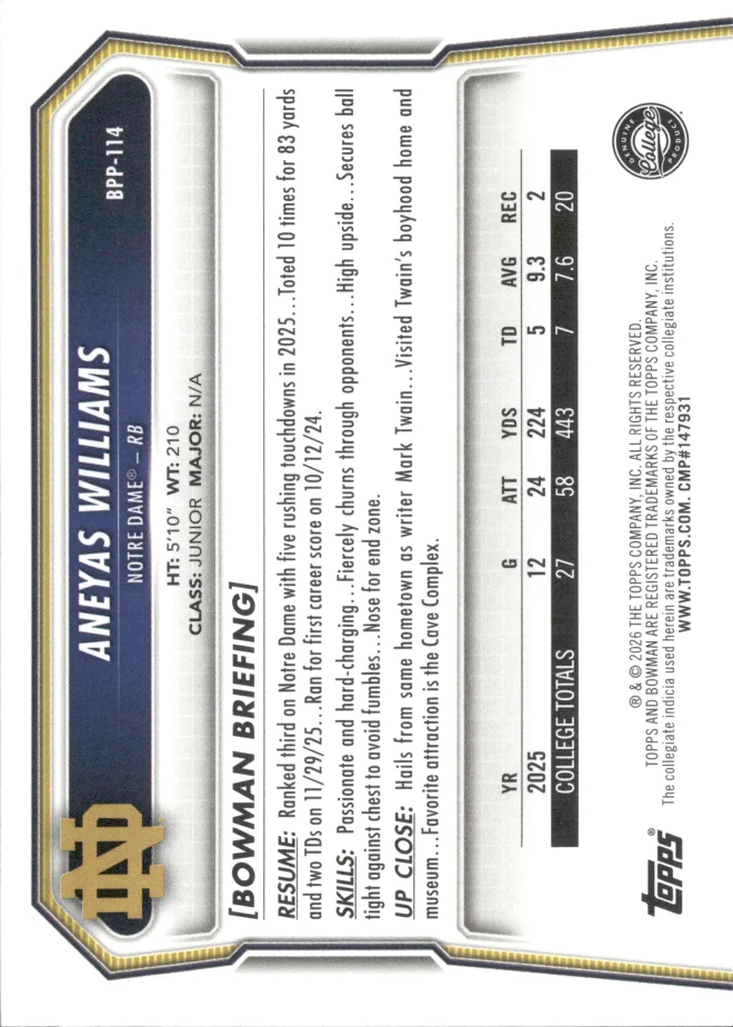 Aneyas Williams card back