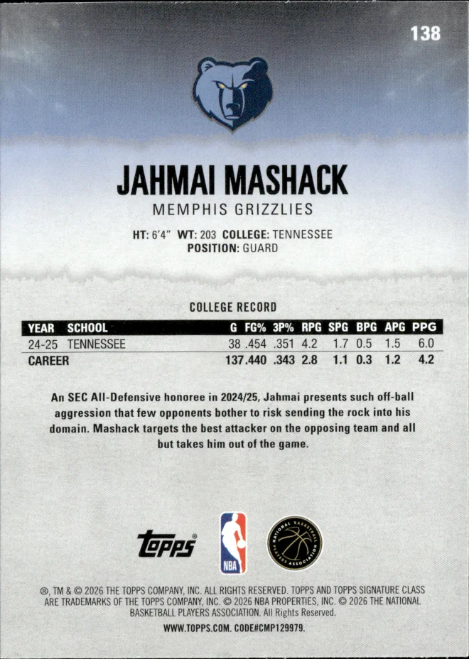 Jahmai Mashack card back