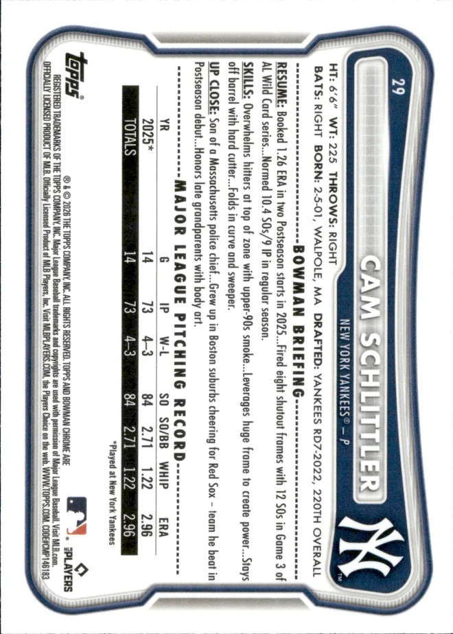 Cam Schlittler card back